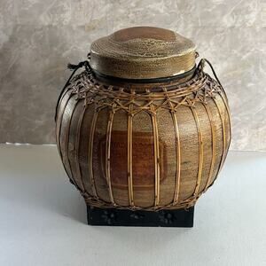 Round Oriental Asian Rice Jar Bamboo Hand Painted